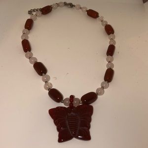 Carved Butterfly Pendant  and Bead Necklace
